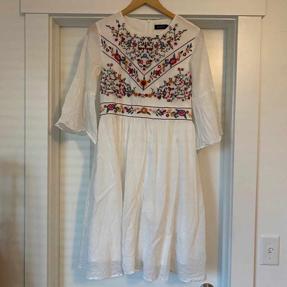 ROOLEE white dress with colorful embroidery. Size Small